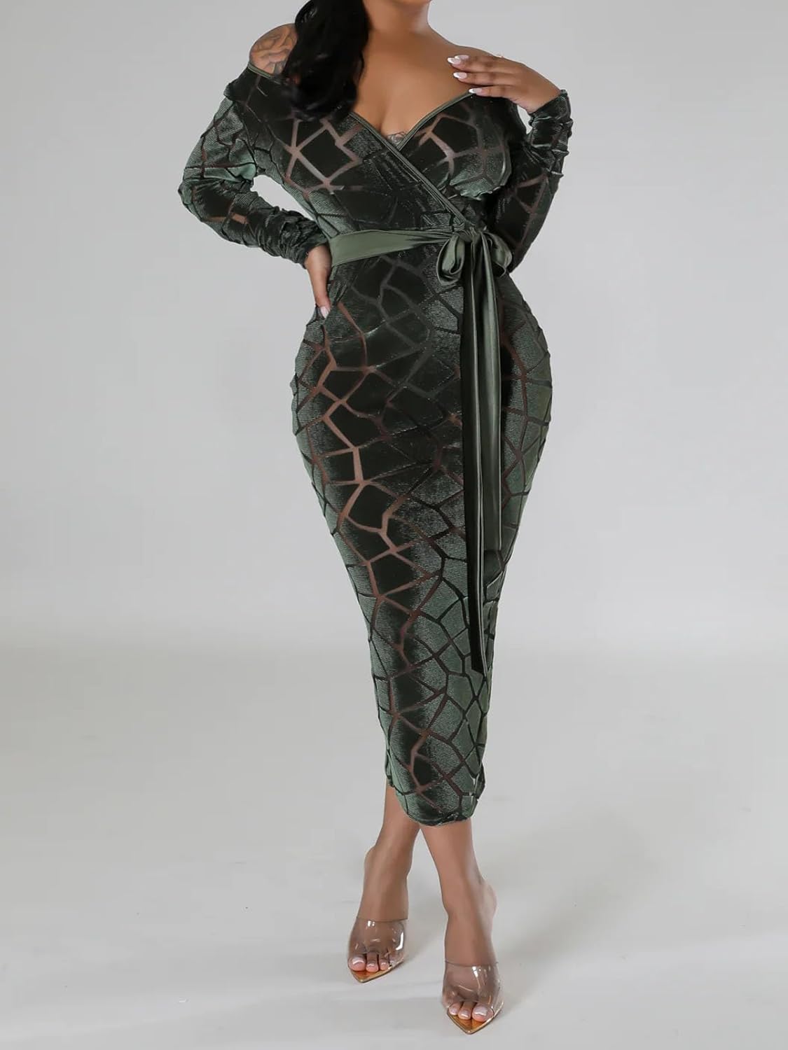 Uni Clau Women Sexy Mesh Velvet Patchwork Midi Dress Long Sleeve See Through Hollow Out Bodycon Party Club Midi Dresses