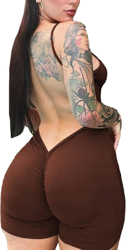 GORGLITTER Women's Backless Rompers One Piece Workout Jumpsuit Open Back Ruched Gym Shorts Bodysuit Unitard Dressy 2025