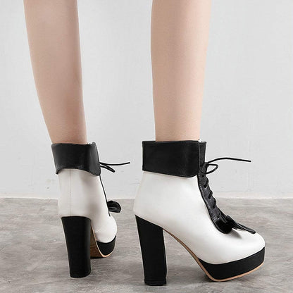 Parisuit Womens Dress Kawaii Boots Chunky High Heel Platform Ankle Booties Lace Up Sweet Bow Shoes