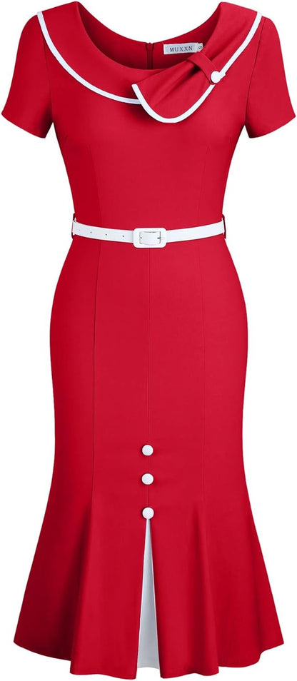 MUXXN Women's Retro 60s Sailor Collar Short Sleeve Pinup Cocktail Work Mermaid Dress with Belt