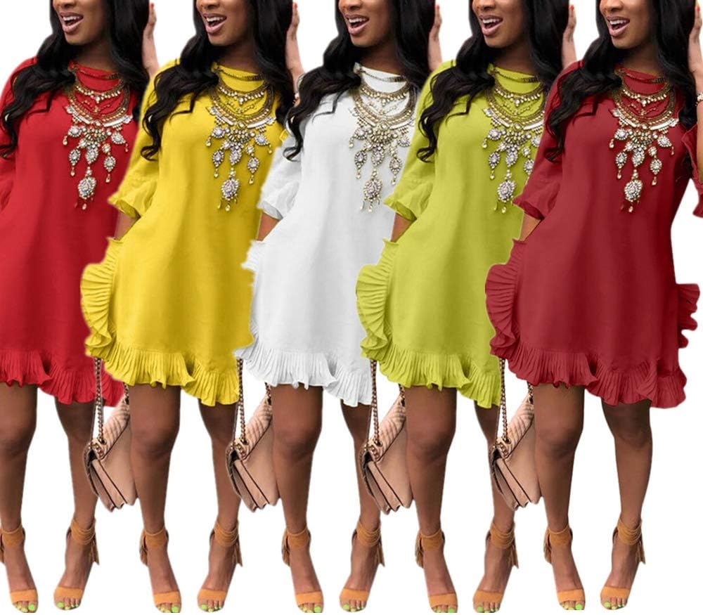 LKOUS Women Short Sleeve Round Neck Ruffles Hem Loose Midi Dresses Casual Short Dress