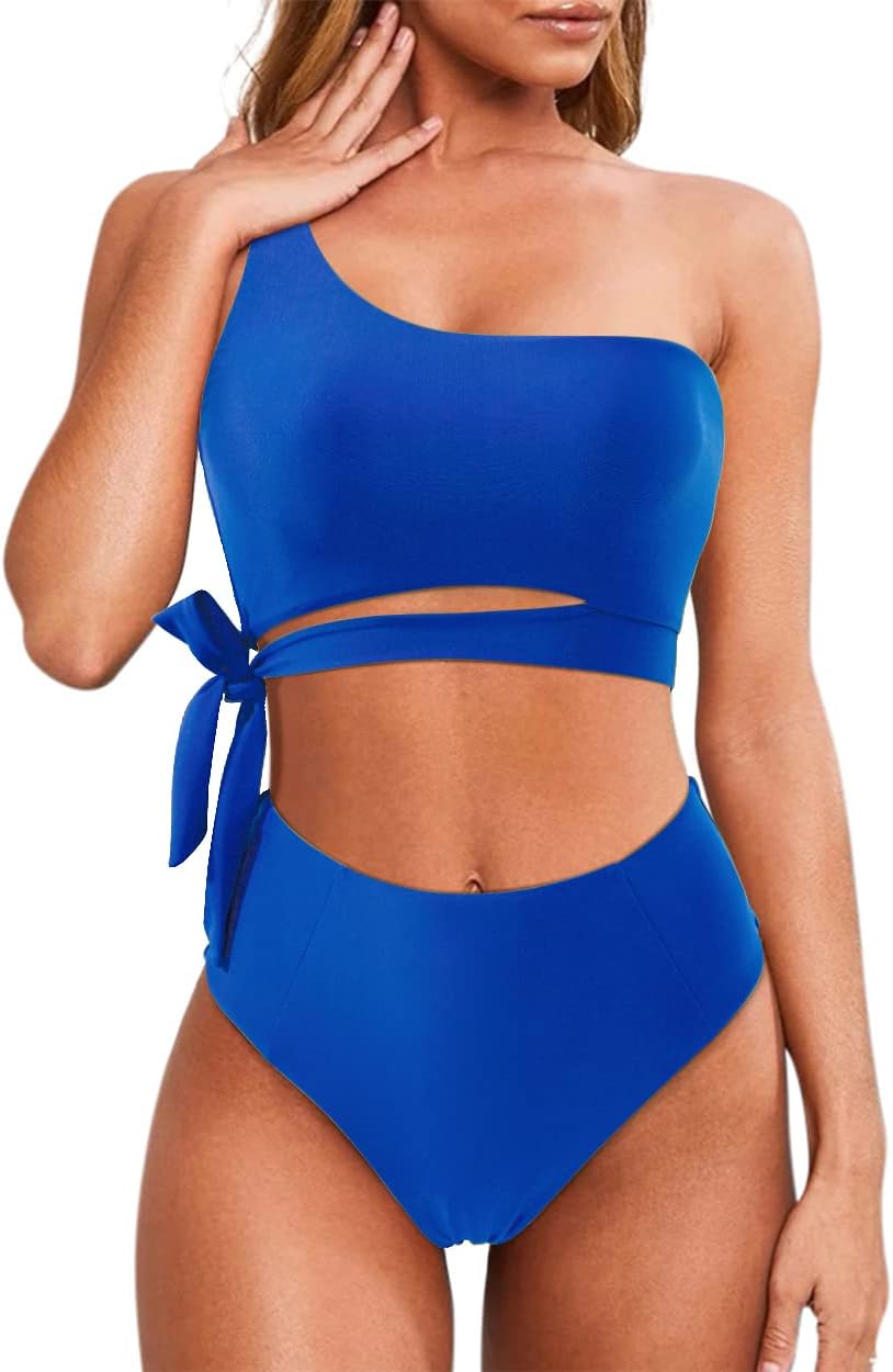 MOOSLOVER Women One Shoulder High Waisted Bikini Tie High Cut Two Piece Swimsuits