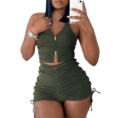 PYAEAS Summer Two Piece Outfits for Women, Casual Stretchy Ribbed Tank Crop Top Ruched Shorts Set Workout Tracksuits