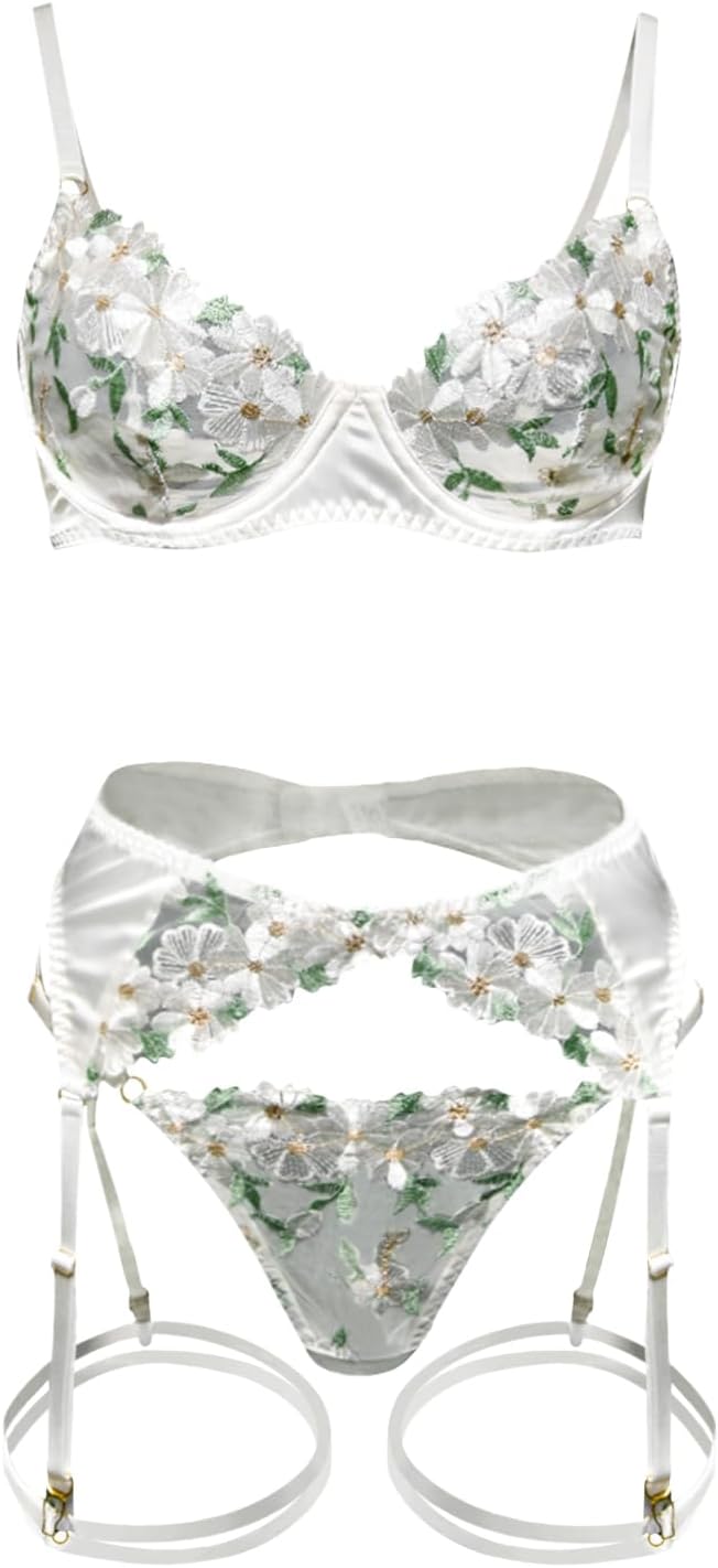 Lilosy Sexy Leaf Floral Embroidered Mesh Sheer Women Underwire Push Up Lingerie Set