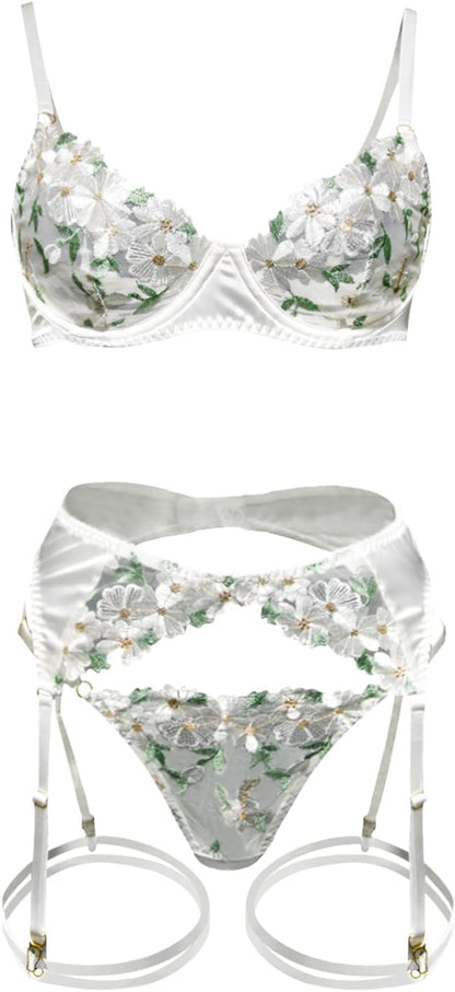 Lilosy Sexy Leaf Floral Embroidered Mesh Sheer Women Underwire Push Up Lingerie Set