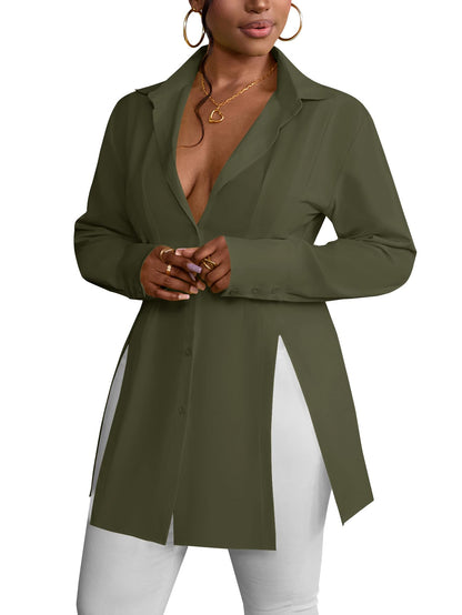 LYANER Women's Button Down Shirt Dress Collar V Neck Long Sleeve Slit Sexy Shirt Dresses