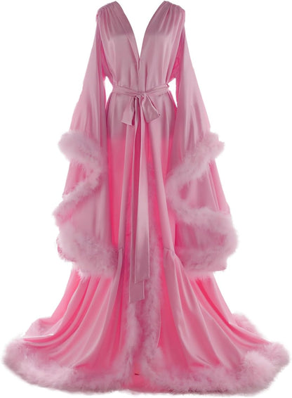 Women's Feather Bridal Robes Old Hollywood Maternity Photoshoot Nightgown Silk Bathrobe Long Lingerie