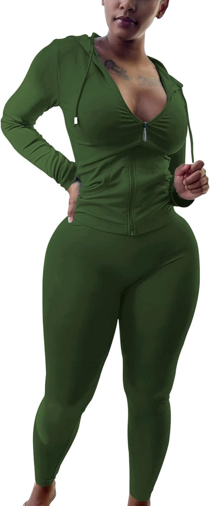 PINSV Women Two Piece Outfits Workout Sets Bodycon Tracksuit Long Sleeve Zip Up Hoodie Jacket Jogger Matching Sweat Pants Set