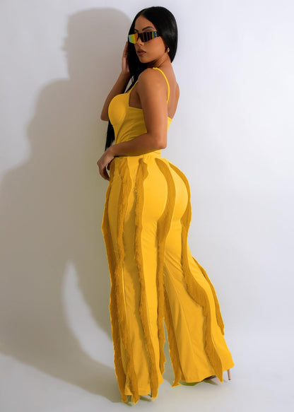 PRIVIMIX Women 2 Piece Outfits Fringe Tassel Long Pants Set Adjustable Suspenders Bodysuit Spaghetti Strap Clubwear Jumpsuits