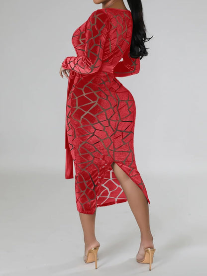 Uni Clau Women Sexy Mesh Velvet Patchwork Midi Dress Long Sleeve See Through Hollow Out Bodycon Party Club Midi Dresses