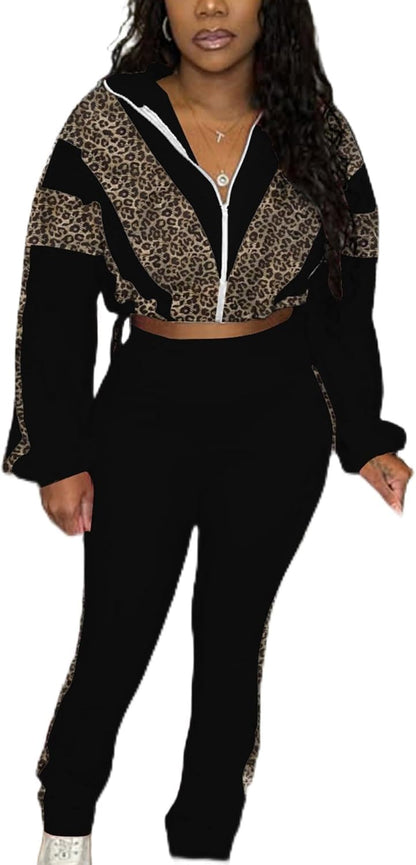 Women 2 Piece Outfit Long Sleeve Zip Up Crop Jacket High Waist Stretchy Pants
