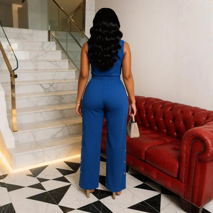 Two Piece Sets for Women Summer Casual Sleeveless Button Crop Top Drawstring Wide Leg Pants Set