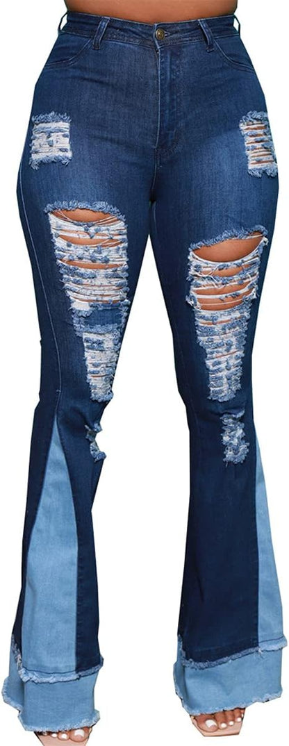 Women's Bell Bottom Jeans Classic Destoryed Ripped Flare Jeans Elastic Waist Raw Hem Denim Pants