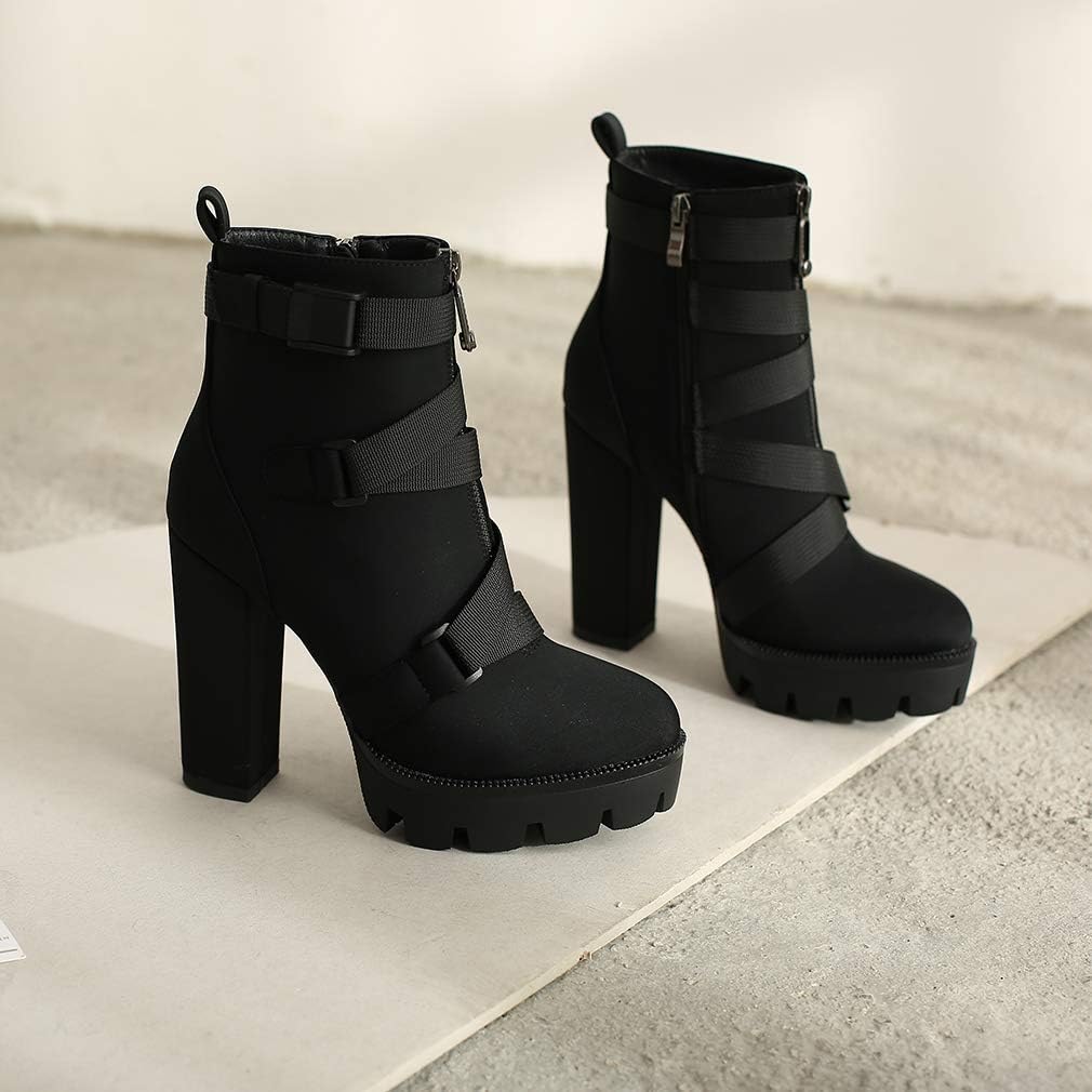 DETOGNI Women's Fashion Platform Block High Heel Booties Buckle Strap Zipper Ankle Boots