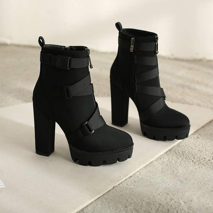 DETOGNI Women's Fashion Platform Block High Heel Booties Buckle Strap Zipper Ankle Boots
