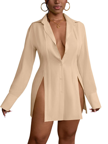 LYANER Women's Button Down Shirt Dress Collar V Neck Long Sleeve Slit Sexy Shirt Dresses