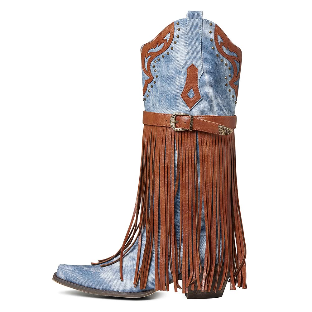 SaraIris Women's Western Bootie, Fashion Pointed Toe, Chunky Heel, Embroidered, Fringe, Pull-On, Mid Calf Boots, 2.75 inches, Knee High, PU, Denim, Rubber