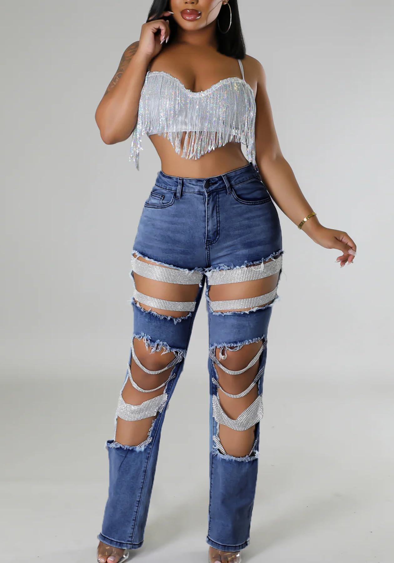 Womens Sexy Ripped Jeans High Waisted Rhinestones Pearl Chains Distressed Baggy Jeans Party Clubwear Denim Pants