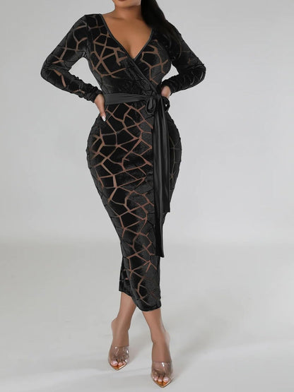 Uni Clau Women Sexy Mesh Velvet Patchwork Midi Dress Long Sleeve See Through Hollow Out Bodycon Party Club Midi Dresses