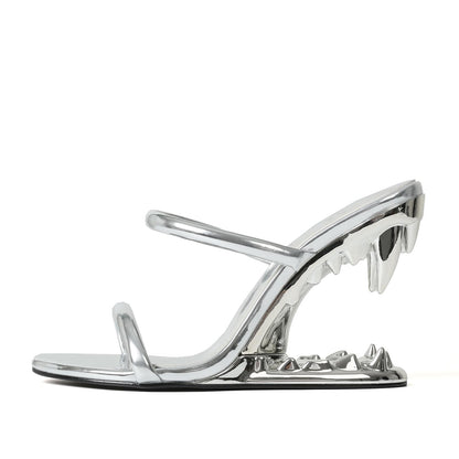 Goiphrri Wedge Sandals for Women Strappy Heels Round Open Toe Heels Metallic Shark Tiger Teeth heeled Sandals Flip Flops Thong Womens Mules Slip on Party Dress Wedding Ceremony