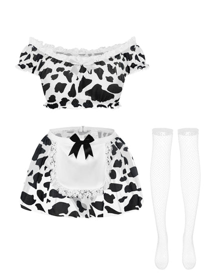 Sexy Stockings Mini Skirt Mesh Sheer Lace Costume Outfit Lingerie with Thong Set 4 Piece