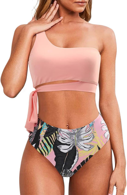 MOOSLOVER Women One Shoulder High Waisted Bikini Tie High Cut Two Piece Swimsuits