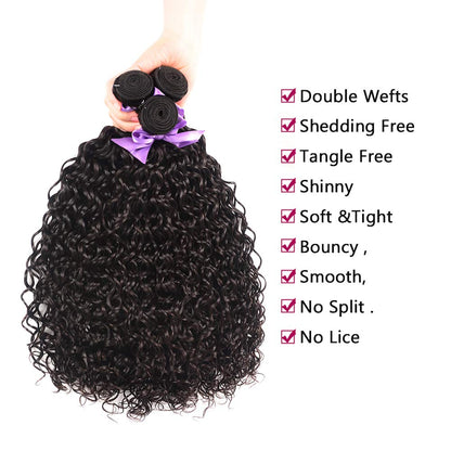 Water Wave Bundles With Closure Human Hair - 18 20 22+16, Wet and Wavy, 3 Bundles, 100% Unprocessed, Deep Curly, Natural Black Color