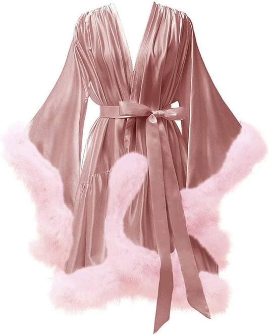 Yexinbridal Feather Fur Robe Silk Satin Bridal Dressing Gown Sexy Illusion Lingerie Nightgown Bathrobe Sleepwear