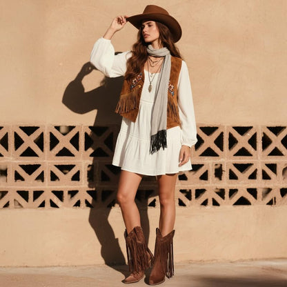 Fringe Cowboy Boots for Women – Mid Calf Cowgirl Boots with Star Studded, Pointed Toe and Chunky Heel, Perfect for Country Music Festivals