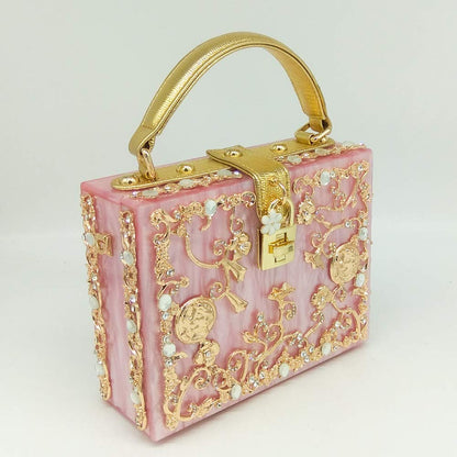 Boutique De FGG Acrylic & Flower Designer Shoulder Bags for Women Crossbody Bag Rhinestones Box Tote Evening Handbags,Small