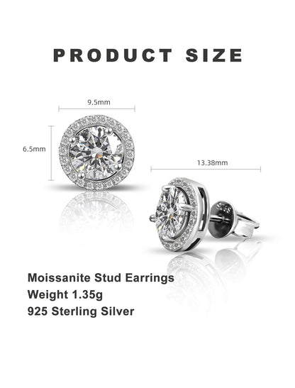 Moissanite Stud Earrings, VVSI Quality D Color Round Cut, Lab Created 925 Sterling Silver with 18K White Gold Plated, Double Halo Design – Idea Gift for Women Men