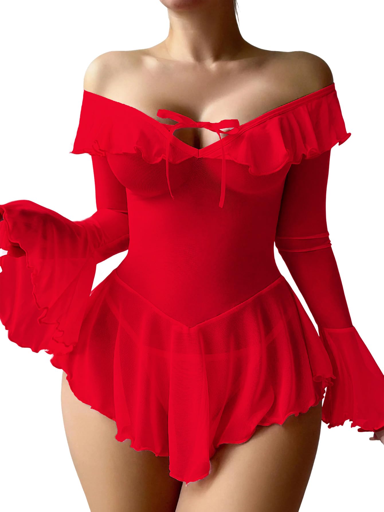 Sexy Lingerie for Women Rave Outfits Clubwear See Through Lingerie Sets Bell Sleeve Ruffle Mesh Tops