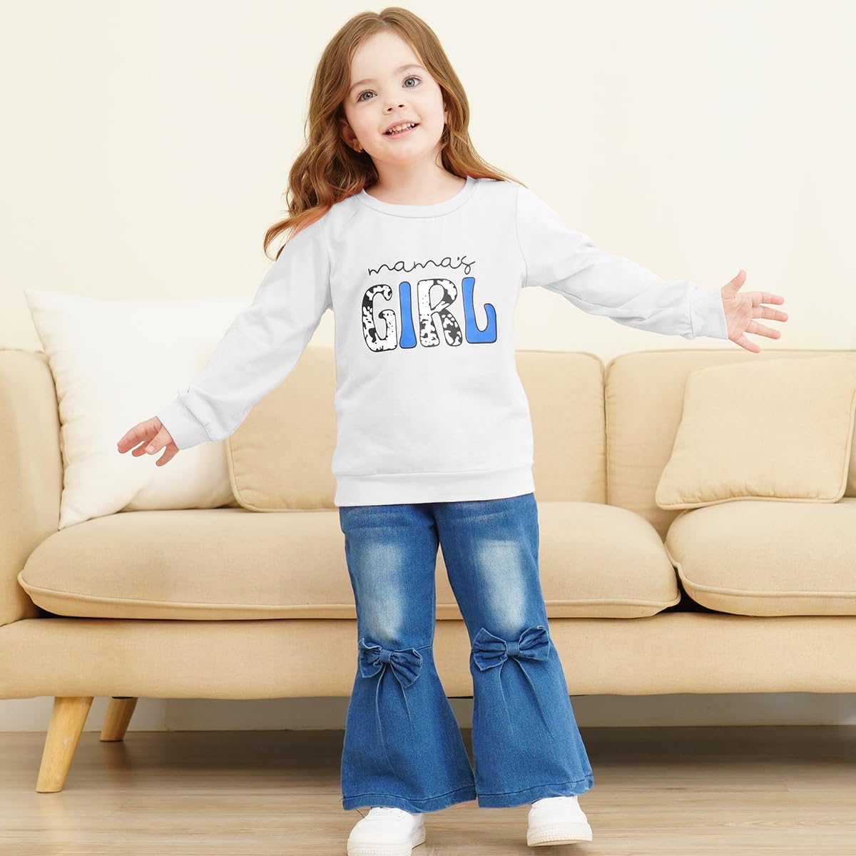 Toddler Girl Clothes Long Sleeve Cartoon & Letter Graphic Top + Fruit Stationery Print Flared Leg Pants