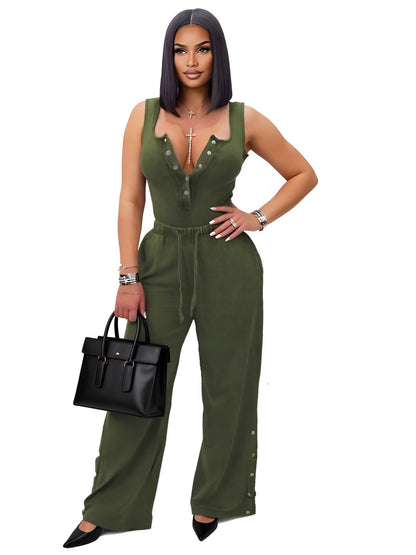Two Piece Sets for Women Summer Casual Sleeveless Button Crop Top Drawstring Wide Leg Pants Set