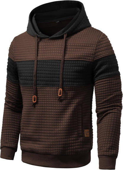 Men’s Sweatshirts Long Sleeve Pullover Patchwork Plaid Jacquard Hoodie Casual Drawstring Hoody Top