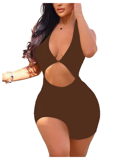 WDIRARA Women's Sexy Romper Leopard Hollow Out Backless Sleeveless Halter Bodycon Short Jumpsuit