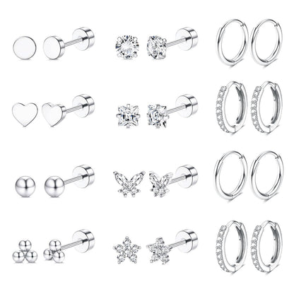 Jstyle Hypoallergenic Surgical Steel Earrings for Sensitive Ears 14K Gold Flat Back Earrings for Women Men Small Stainless Steel Earrings Flatback Stud Hoop Cartilage Earring Set for Multiple Piercing