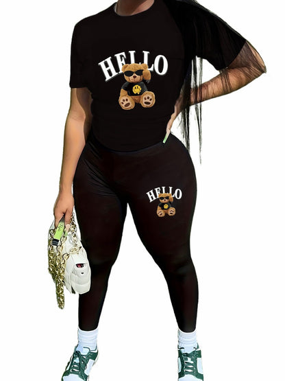 TOPONSKY Women Two Piece Workout Outfits Biker Short-Sleeve Long-Pant Sets