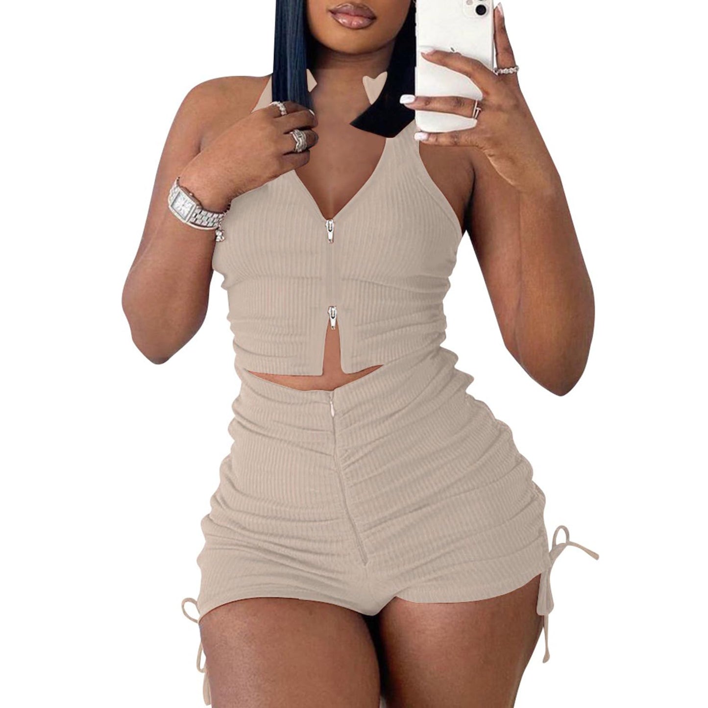 PYAEAS Summer Two Piece Outfits for Women, Casual Stretchy Ribbed Tank Crop Top Ruched Shorts Set Workout Tracksuits