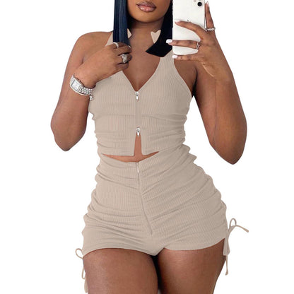 PYAEAS Summer Two Piece Outfits for Women, Casual Stretchy Ribbed Tank Crop Top Ruched Shorts Set Workout Tracksuits