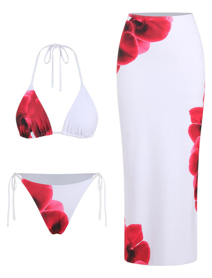 ZAFUL Womens 3pcs Swimsuit Floral Halter Triangle Bikini Top Tie Side Bottom with Long Sheer Cover Up Skirt