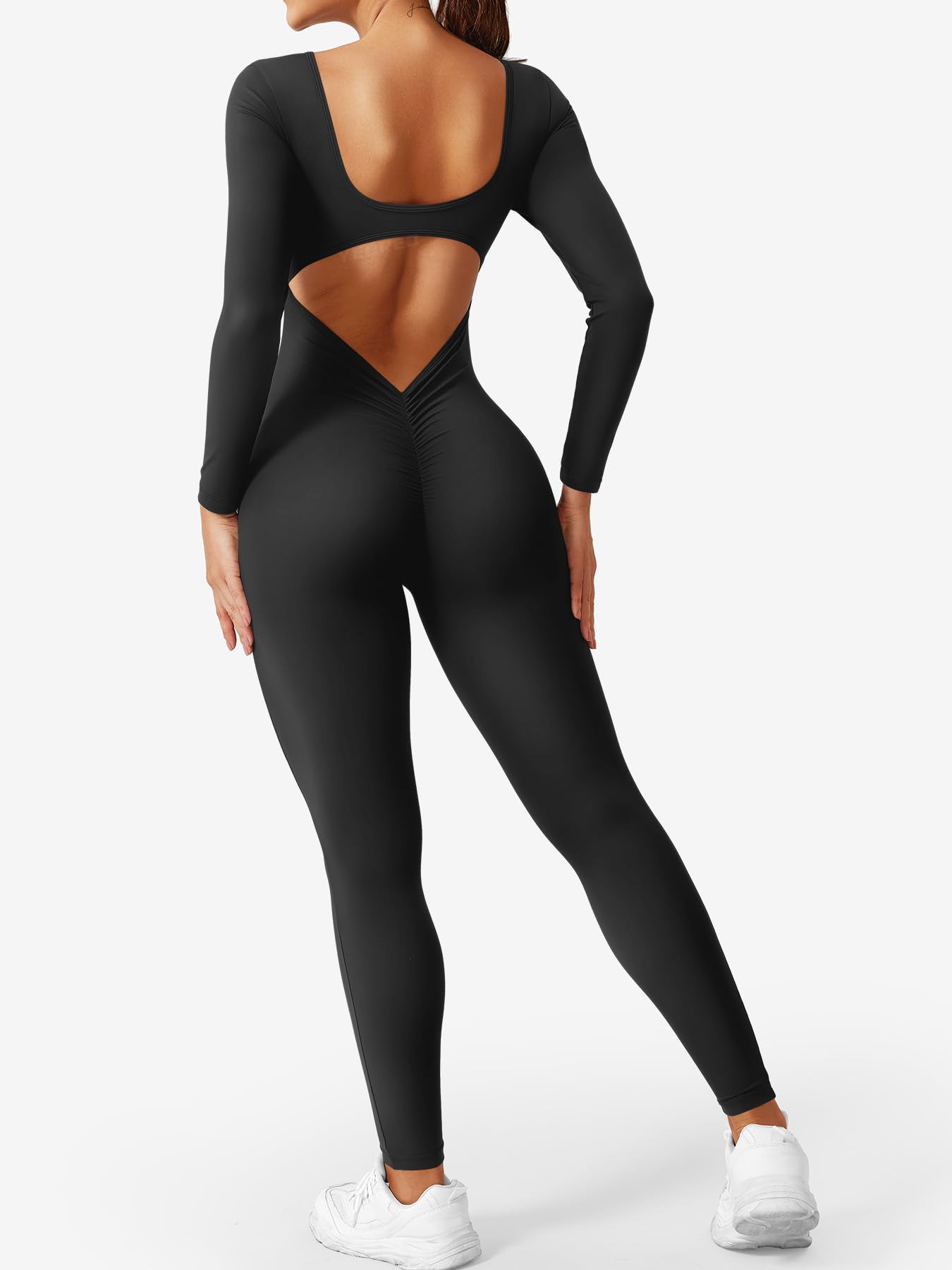 YEOREO Long Sleeve Jumpsuits for Women V Back Bodysuit Workout Full Length Bodycon Scrunch Leggings One Piece Romper