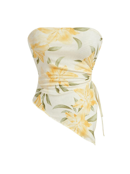 WDIRARA Women's Floral Mesh Strapless Side Ruched Tube Top Asymmetrical Hem Bandeau Crop Tops