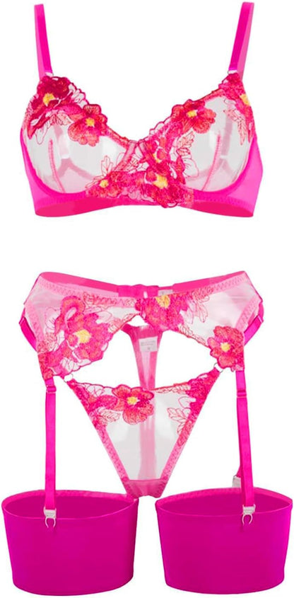 Lilosy Sexy Leaf Floral Embroidered Mesh Sheer Women Underwire Push Up Lingerie Set