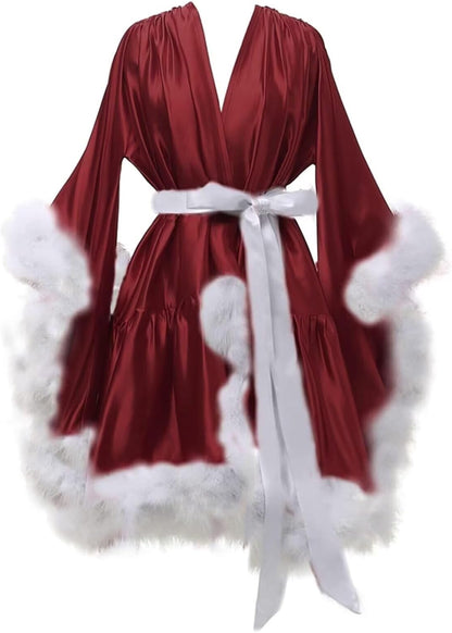 Yexinbridal Feather Fur Robe Silk Satin Bridal Dressing Gown Sexy Illusion Lingerie Nightgown Bathrobe Sleepwear