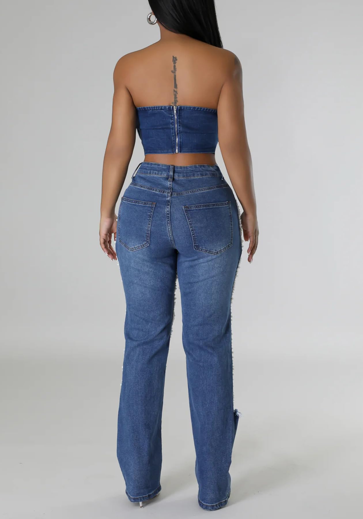 Womens Sexy Ripped Jeans High Waisted Rhinestones Pearl Chains Distressed Baggy Jeans Party Clubwear Denim Pants