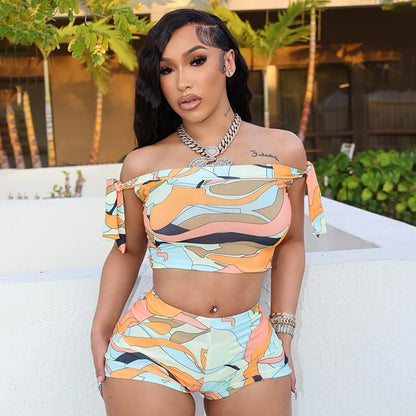 Mandonce Shorts Sets Women 2 Piece Outfits Off The Shoulder Strappy Tie Sleeveless Crop Top and Bodycon Shorts Clubwear Sexy