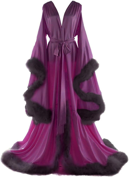 Women's Feather Bridal Robes Old Hollywood Maternity Photoshoot Nightgown Silk Bathrobe Long Lingerie