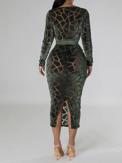 Uni Clau Women Sexy Mesh Velvet Patchwork Midi Dress Long Sleeve See Through Hollow Out Bodycon Party Club Midi Dresses