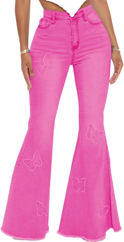 Women's Bell Bottom Jeans Classic Destoryed Ripped Flare Jeans Elastic Waist Raw Hem Denim Pants